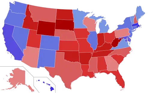 Upper house seats by party holding majority in each state Republican&nbsp;&nbsp;50–60%&nbsp;&nbsp;60–70%&nbsp;&nbsp;70–80%&nbsp;&nbsp;80–90%&nbsp;&nbsp;90–100% Democratic&nbsp;&nbsp;50–60%&nbsp;&nbsp;60–70%&nbsp;&nbsp;70–80%&nbsp;&nbsp;80–90%&nbsp;&nbsp;90–100%