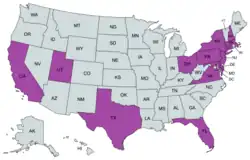 A labelled map of United States, showing the states of New Jersey, New York, Pennsylvania, California, Connecticut, Delaware, Florida, Maryland, Massachusetts, New Hampshire, Ohio, Texas, Utah, and Virginia highlighted in purple.