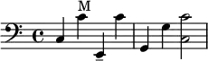 {
\clef bass
\time 4/4
c4 c'^"M" e,-- c' g, g <c c'>2
}