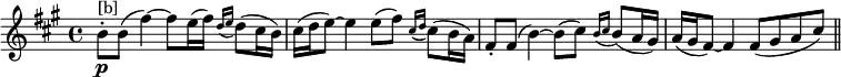 \relative c'''{\set Score.tempoHideNote = ##t \tempo 4 = 84 \key a \major \time 4/4 b,8-.\p^"[b]" b( fis'4)~fis8 e16( fis) \appoggiatura {d16[e]} d8( cis16 b) cis( d e8~)e4 e8( fis) \appoggiatura{cis16[d]} cis8( b16 a) fis8-. fis( b4~) b8( cis) \appoggiatura{b16[cis]} b8( a16 gis) a( gis fis8~)fis4 fis8 (gis a cis) \bar "||"}\layout{\context{\Score
\override NonMusicalPaperColumn.line-break-permission = ##f
\override NonMusicalPaperColumn.page-break-permission = ##f}}