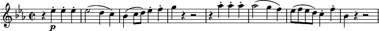 \relative a' {
\key ees \major
\time 2/2
\tempo ""
\tempo 4 = 300
r4 ees'\p\staccato ees\staccato ees\staccato
ees2 (d4 c4)
bes (c8 d) ees4\staccato f\staccato
g r r2
r4 aes\staccato aes\staccato aes\staccato
aes2 (g4 f4)
ees8 (f ees d) c4\staccato f\staccato
bes, r r2
}
