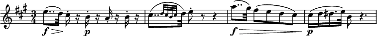  \relative e'' {
\key a \major \time 3/4
e8..( \f \> d32) \! cis16-. r b-. \p r a-. r b-. r
\afterGrace cis8..([ { d32 cis b cis } d32]) e8-. r r4
a8..( \f \> gis32) fis8( e d cis) | cis16( \p d dis16. e32) b8 r4.
} 