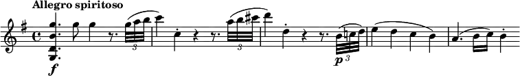 \relative c''' { \set Staff.midiInstrument = #"string ensemble 1"
\override Score.NonMusicalPaperColumn #'line-break-permission = ##f
\tempo "Allegro spiritoso"
\key g \major
\tempo 4 = 144
<g b, d, g,>4.\f g8 g4 r8. \times 2/3 { g32( a b } |
c4) c,-. r r8. \times 2/3 { a'32( b cis } |
d4) d,-. r r8. \times 2/3 { b32(\p c! d) } |
e4( d c b) |
a4.( b16 c) b4-.
}