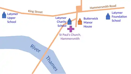 The Latymer Charity School was in the centre of Hammersmith, beside St Paul's church. The later Latymer Foundation School was to the east; the current school is to the west.[1][10]