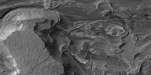 Layers and gullies in Galle crater, as seen by HiRISE under HiWish program