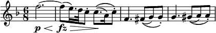 \relative f'' {
\key f \major \time 6/8
f2.~ \p \<
f8)( \fz \> e16.) d32 c8-. c8.\(( \! a16) c8-.\)
f,4. fis8\(( g) g-.\)
g4. gis8\(( a) a-.\)
}