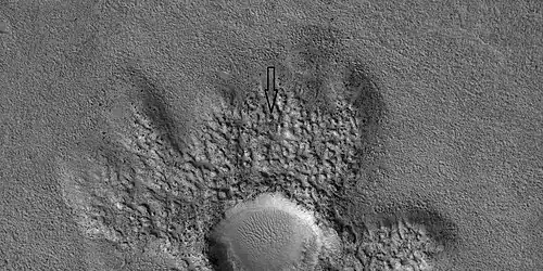 Close view of ejecta of pedestal crater with boulders in pits, as seen by HiRISE under HiWish program. Arrow shows one of example of a boulder sitting in a pit. This image will be enlarged to better show this in the next two images.