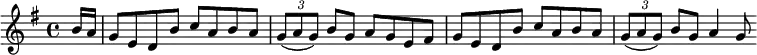 
% key and articulations from Petrie collection
\new Score {
  \new Staff {
    \relative c'' {
      \clef treble
      \key g \major
      \time 4/4

      \partial 16*2 b16 a |
      g8 e d b' c a b a |
      \times 2/3 { g8( a g) } b8 g a g e fis |
      g8 e d b' c a b a |
      \times 2/3 { g8( a g) } b8 g a4 g8
    }
  }
}
