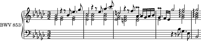 \version "2.18.2"
\header {
tagline = ##f
}
Prallaesq = { \tag #'print { aes,4\prall~ } \tag #'midi { \times 2/3 { bes16 aes bes } aes8~ } }
Prallgesqp = { \tag #'print { ges4.\prall } \tag #'midi { \times 2/3 { aes16 ges aes } ges4~ } }
ArpegeesB = { \tag #'print { < ges bes ees >2\arpeggio } \tag #'midi { \grace { ges8~ bes~ ees~ } < ges, bes ees >2 } }
ArpegdesB = { \tag #'print { < ges bes des >2\arpeggio } \tag #'midi { \grace { ges8~ bes~ des~ } < ges bes des >2 } }
upper = \relative c'
{
\clef treble
\key ees \minor
\time 3/2
\tempo 2 = 44
\set PianoStaff.connectArpeggios = ##t
\set Staff.midiInstrument = #"harpsichord"
<< {
bes'2 r4 r8 bes8 ees4. ges8 ces,2 r4 r8 ees8 aes4. ces8 d,2 r4 r8 f8 \Prallaesq aes16 ges aes bes \Prallgesqp f16 ees ges'2 ges\arpeggio ges\arpeggio
} \\ {
\set tieWaitForNote = ##t
< ges, ees >2 q q < aes ees > < ces aes ees > q < aes f ees > < aes f d > < f d > ees2 s2 \ArpegeesB \ArpegdesB
} >>
}
lower = \relative c'
{
\clef bass
\key ees \minor
\time 3/2
\set Staff.midiInstrument = #"harpsichord"
s1.*3 s2 r4 r8 bes8 ges4. ees8 bes2
}
thePianoStaff = \new PianoStaff <<
\set PianoStaff.instrumentName = #"BWV 853"
\new Staff = "upper" \upper
\new Staff = "lower" \lower
>>
\score {
\keepWithTag #'print \thePianoStaff
\layout {
\context {
\Score
\remove "Metronome_mark_engraver"
\override SpacingSpanner.common-shortest-duration = #(ly:make-moment 1/2)
}
}
}
\score {
\keepWithTag #'midi \thePianoStaff
\midi { }
}