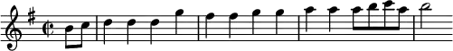\relative a' {
\set Staff.midiInstrument = #"recorder"
\set Score.tempoHideNote = ##t
\tempo 4 = 145
\key g \major
\time 2/2
\partial 4
b8 c
d4 d d g fis fis g g a a a8 b c a b2 }