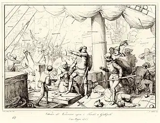 Black and white sketch of a late medieval naval battle, seen from the deck of a Venetian ship