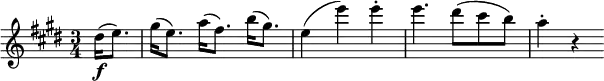 \relative dis'' {
\key e \major \time 3/4
\partial 4 dis16( \f e8.) | gis16( e8.) a16( fis8.) b16( gis8.) | e4( e') e-.
e4. dis8( cis b) | a4-. r
}