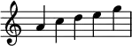 
\relative c'' {
  \time 5/4
  \omit Score.TimeSignature
  a c d e g
}
