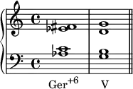 {
\new PianoStaff <<
\new Staff <<
\relative c' {
\clef treble \key c \major \time 4/4
<es fis>1 <d g>
}
>>
\new Staff <<
\relative c' {
\clef bass \key c \major \time 4/4
<aes c>1_\markup { \concat { \translate #'(-2 . 0) { "Ger" \raise #1 \small "+6" \hspace #4.5 "V" } } }
<g b> \bar "||"
}
>>
>> }
