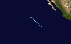 A track map of the path of a tropical depression well west of the Pacific coast of Mexico; the system moves northwestward for its entire life