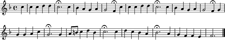
\new Staff <<
\clef treble
\new Voice = "Soprano"
  { \key f \major \tempo 4=108 \set Staff.midiInstrument = "oboe" {
      \set Score.tempoHideNote = ##t
      \override Score.BarNumber #'transparent = ##t
      \time 4/4
      \relative c'' { \partial 4 c | c4 c d d | c2.\fermata c4 | bes4 a g a | g2 f4\fermata }
      \relative c'' { \partial 4 c | c4 c d d | c2.\fermata c4 | bes4 a g a | g2 f4\fermata }
      \relative c'' {
       g4 | g g a c | g2.\fermata g4 | a8 b c4 d b | c2.\fermata c4 | d c bes a | bes2.\fermata a4 | g f f e | f2. \bar "|."
      }
    }
  }
>>
