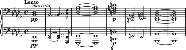 \new PianoStaff <<
\new Staff \relative c {
\clef bass \key bes \minor \time 4/4 \tempo "Lento" \set Staff.midiInstrument = #"trombone"
<des bes>1-\pp^\markup { \italic "marcato" }
\once \override Staff.TimeSignature #'stencil = ##f \time 33/32 % just to make the 16th note sound more consistent
bes2~bes4.. <f' c>16*3/2
\once \override Staff.TimeSignature #'stencil = ##f \time 4/4
<bes ges des>1~q
<d a f d>1-\p <bes, g d>2 <c a f ees> <des bes f des>1~q
}
\new Staff \relative c, {
\clef bass \key bes \minor \time 4/4 \set Staff.midiInstrument = #"trombone"
<f bes,>1-\pp
\once \override Staff.TimeSignature #'stencil = ##f \time 33/32 % just to make the 16th note sound more consistent
<ges ees>2~q4.. <f aes,>16*3/2
\once \override Staff.TimeSignature #'stencil = ##f \time 4/4
<ges ges,>1~q
\ottava #-1 <d d,>1-\p g,2 f <bes bes,>1~q
}
>>