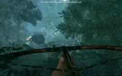 A screenshot from the third mission, "Bare Feet, Steel Will". Taking place in December 1952, the Việt Minh ambush a French convoy. The player character holds a crossbow as a primary weapon.