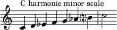 {
\override Score.TimeSignature #'stencil = ##f
\relative c' {
\clef treble \time 7/4
c4^\markup { C harmonic minor scale } d es f g aes b!? c2
}
}