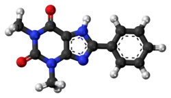 Ball-and-stick model of the 8-phenyltheophylline molecule