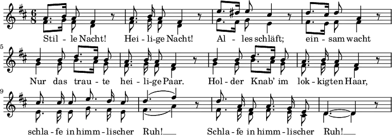 
<<
\new Staff <<
  \new Voice="melody" \relative c'' { \set Staff.midiInstrument = #"acoustic guitar (nylon)"
    \autoBeamOff
\tempo 4 = 60 \set Score.tempoHideNote = ##t
    \voiceOne
    \language "deutsch"
    \key d \major
    \time 6/8
    a8. [ h16 ] a8 fis4 h8\rest
    a8. h16 a8 fis4 h8\rest
    e8. [ dis16 ] e8 cis4 h8\rest
    d8. [ cis16 ] d8 a4 h8\rest
    h4 h8 d8. [ cis16 ] h8
    a8. h16 a8 fis4 h8\rest
    h4 h8 d8. [ cis16 ] h8
    a8. h16 a8 fis4 h8\rest
    cis8. cis16 cis8 e8. d16 cis8
    d4. ( fis4 ) h,8\rest
    d8. a16 fis8 a8. g16 e8
    d4.~ d4 h'8\rest
  }
  \new Voice \relative c' {
    \voiceTwo
    \autoBeamOff
    %\omit "Rest_engraver"
    fis8. [ g16 ] fis8 d4 s8
    fis8. g16 fis8 d4 s8
    g8. [ fis16 ] g8 e4 s8
    fis8. [ e16 ] fis8 fis4 s8
    g4 g8 h8. [ a16 ] g8
    fis8. g16 fis8 d4 s8
    g4 g8 h8. [ a16 ] g8
    fis8. g16 fis8 d4 s8
    e8. e16 e8 g8. fis16 e8
    fis4. ( a4 ) s8
    fis8. fis16 d8 fis8. e16 cis8
    d4.~ d4
  }
>>
\new Lyrics \lyricsto "melody" {
  Stil -- le Nacht! Hei -- li -- ge Nacht!
  Al -- les schläft; ein -- sam wacht
  Nur das trau -- te hei -- li -- ge Paar.
  Hol -- der Knab’ im lok -- kig -- ten Haar,
  schla -- fe in himm -- li -- scher Ruh! __
  Schla -- fe in himm -- li -- scher Ruh! __
}
>>
