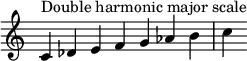 {
\override Score.TimeSignature #'stencil = ##f
\relative c' {
\clef treble \time 7/4
c4^\markup { Double harmonic major scale } des e f g aes b c
} }
