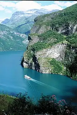 View of the Geirangerfjord; Skageflå is on the side of the mountain, halfway up. Credit: Konrad Baginski