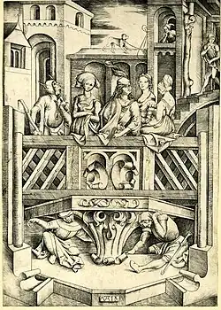 The Balcony; a young man is surrounded by three courtesans and a jester. Engraving