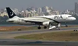 An Airbus A320 of Pakistan International Airlines viewed from the right