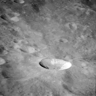 Oblique view of Mandelʹshtam F from Apollo 11. Mandelʹshtam F lies to the east of Mandelʹshtam itself and is adjacent to the larger but less obvious Mandelʹshtam G.