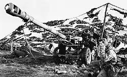 A 105 mm light gun of 29 Commando Regiment sited between Fitzroy and Bluff Cove in the Falkland Islands, June 1982.