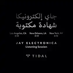 Black poster that reads "A Written Testimony" and several American cities