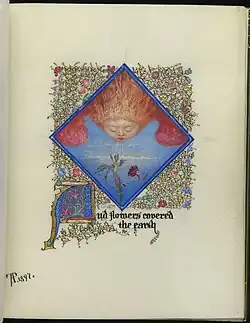 A hand painted image of a red winged figure looking down and blowing upon some flowers. The image is within a diamond on vellum surrounded by gold illumination of plants with accompanying handwritten text below that reads, "And the flowers were covered the early"