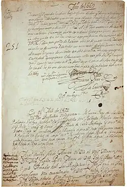 Manuscript page from "Libro de professiones y elecciones de prioras y vicarias del Convento de San Gerónimo," 1586–1713, which Sor Juana signed in ink and her own blood.