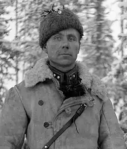 A Finnish soldier wearing a fur hat