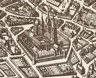 The church and Abbey in 1618
