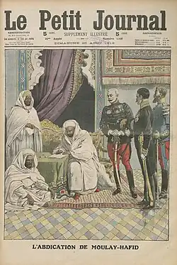 An illustration of Abd al-Hafid signing the Treaty of Fes on the front page of Le Petit Journal's weekly Supplément illustré, printed August 25, 1912.