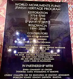 Acknowledgement plaque in the synagogue listing the names of the contributors, both individuals and organisations