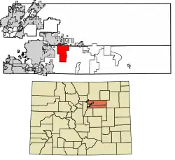 Location of the Watkins CDP in Adams County and Arapahoe County, Colorado.