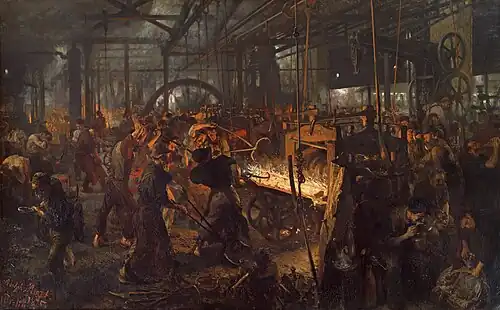 Oil painting of worker in an iron rolling mill