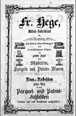 Advertising for "Hege furniture company", 1855