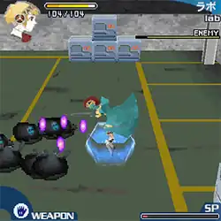 Screenshot showing the humanoid robot Aigis in a laboratory, summoning her persona above her to fight a group of enemies