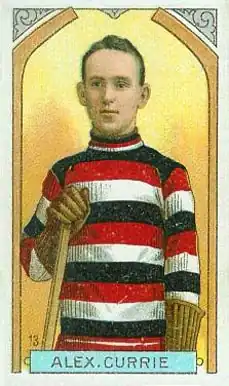 Postcard image of a hockey player holding a stick and wearing a red, white and black jersey with horizontal stripes