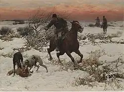 A painting of two sighthounds mauling a fox as three hunters arrive on horseback in a snowy field.