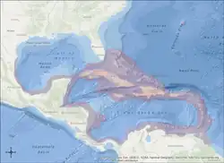 map showing some of the Western Atlantic Ocean and the eastern parts of North America, Central America and the north part of South America, with a shaded area over the water covering Bermuda, Florida, the Gulf of Mexico, all of the Caribbean Sea and south from there to the northern part of the Brazilian coast