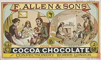 A drawn advertisement. Text "F. Allen & Sons" and "Cocoa Chocolate and Confectionery Works London" sit on top of two images of families. In one, the family is happily sitting around a table being served a drink. In the other, they are visibly poor.