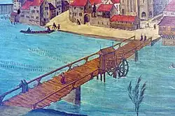 Wooden medieval bridge (Obere Brücke) between Münsterhof/Fraumünster and Grossmünster (Altarbild by Hans Leu d.Ä., late 15th century)