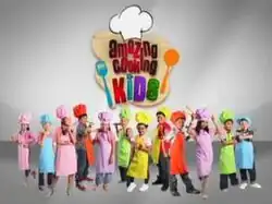 An image of a group of kids, wearing toque and apron over a gray background. The show title is displayed on the upper side of the image.
