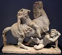 Amazon attacking a Barbarian, sculptural group found in the Anzio Villa, Antonian era – c. 138-192 AD, Roman copy of Greek original. Palazzo Massimo Alle Terme.