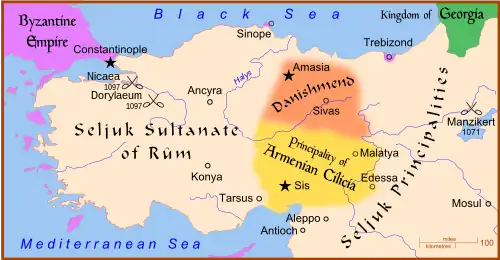 Map of Anatolia showing the Seljuk Sultanate of Rum in the west, the Danishmends realm and the Armenian principalities in the east